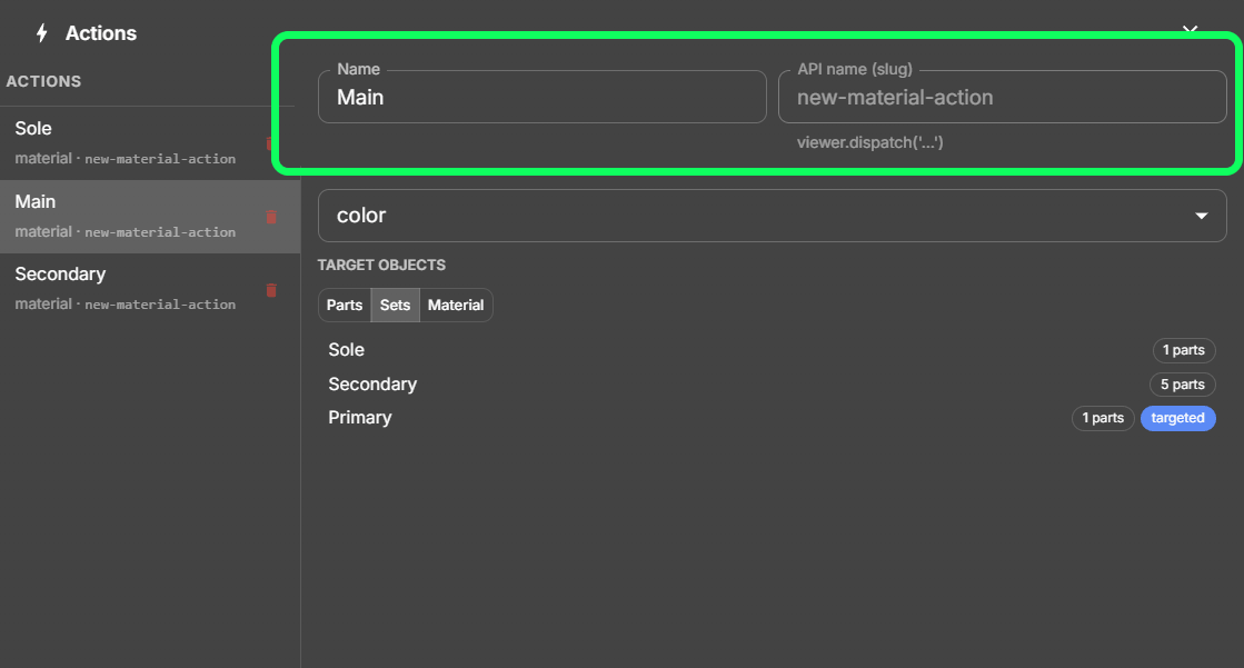 Show the action label and API name slug fields.