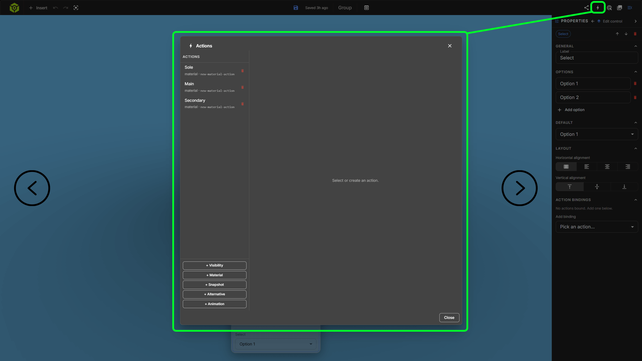 Actions button and Actions dialog.