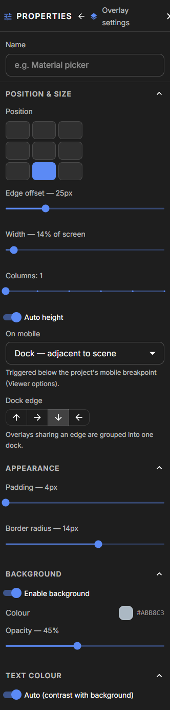 Show position, size, appearance, background, animation, and mobile settings.