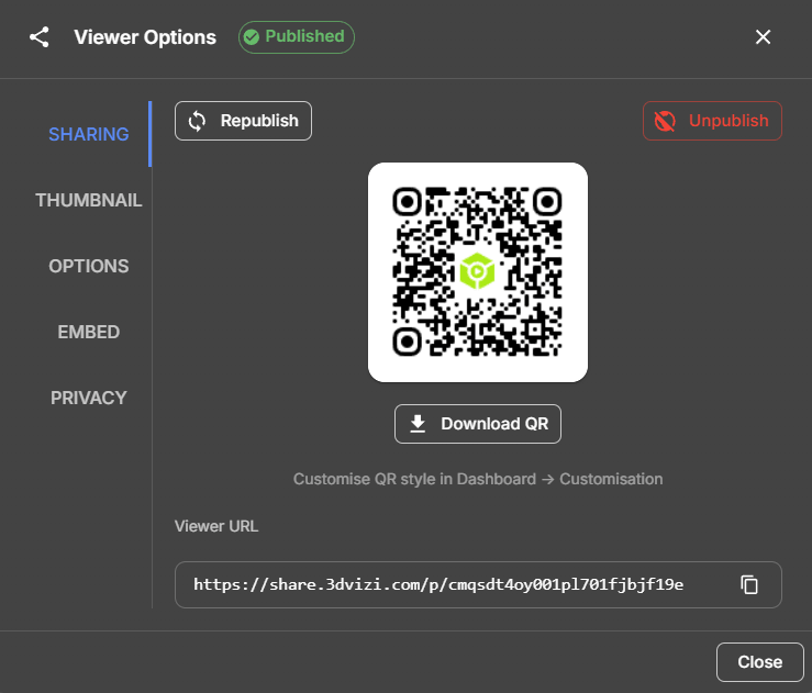 Show Publish, Republish, Unpublish, public URL, and QR code.