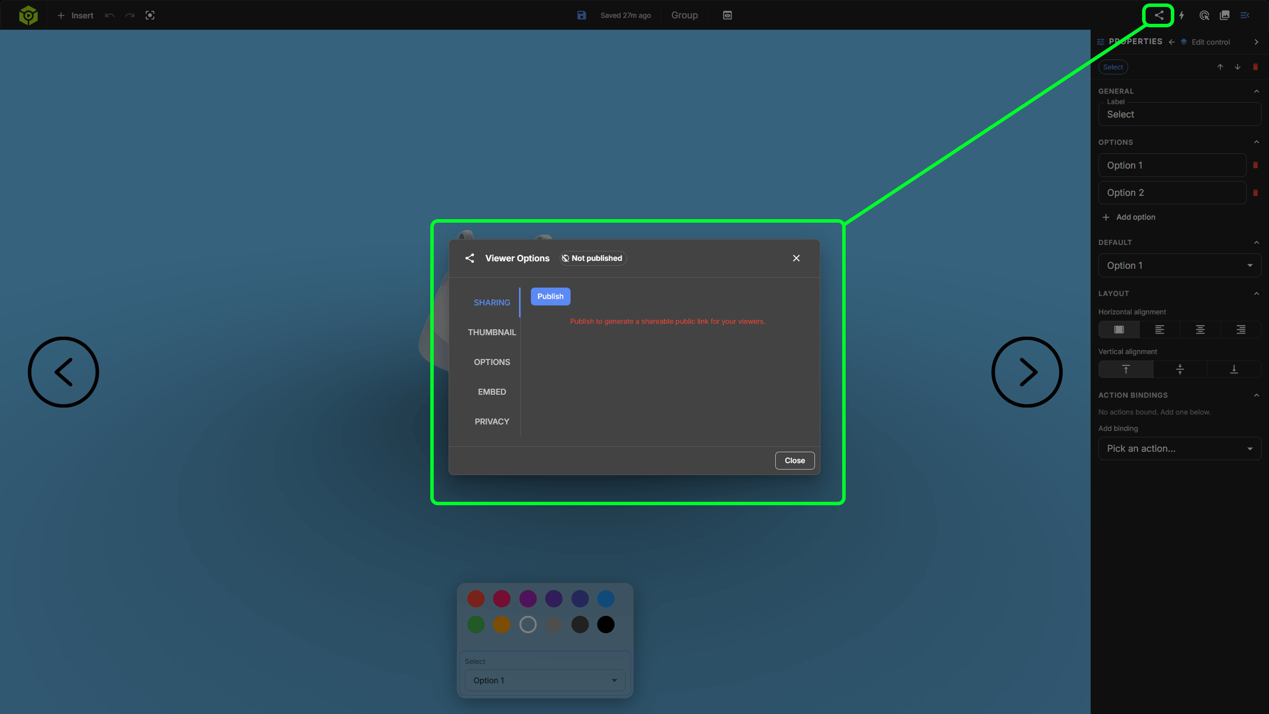 Show the Viewer Options button and dialog.