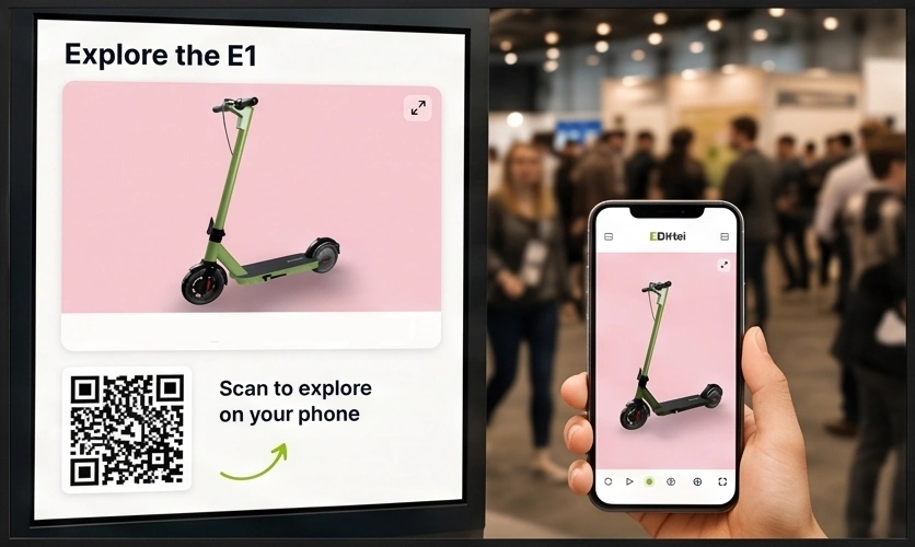 Event display with a QR code linking to a 3DVizi product presentation